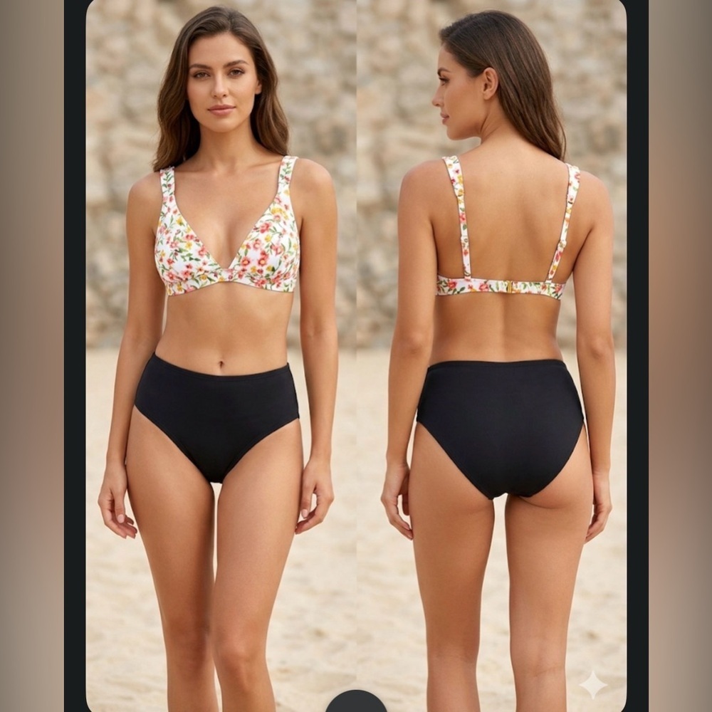 Shade & Shore Floral Bikini Top with Black Bottoms